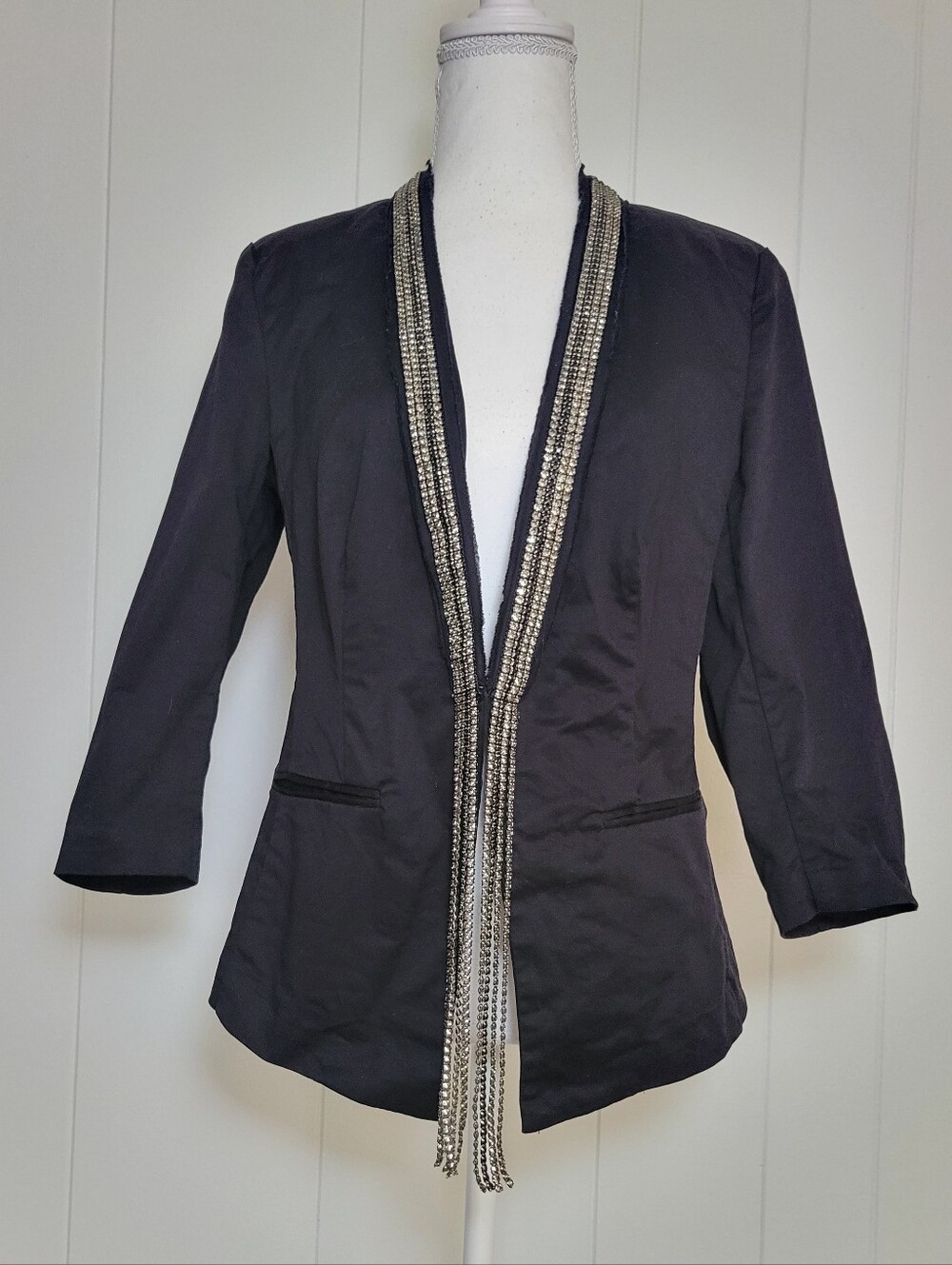 Rock & Republic Blazer Rhinestone Trim Black Fitted Cotton Y2k Bling Jeweled 10